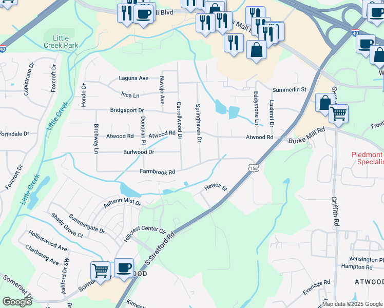 map of restaurants, bars, coffee shops, grocery stores, and more near 3021 Carrollwood Drive in Winston-Salem