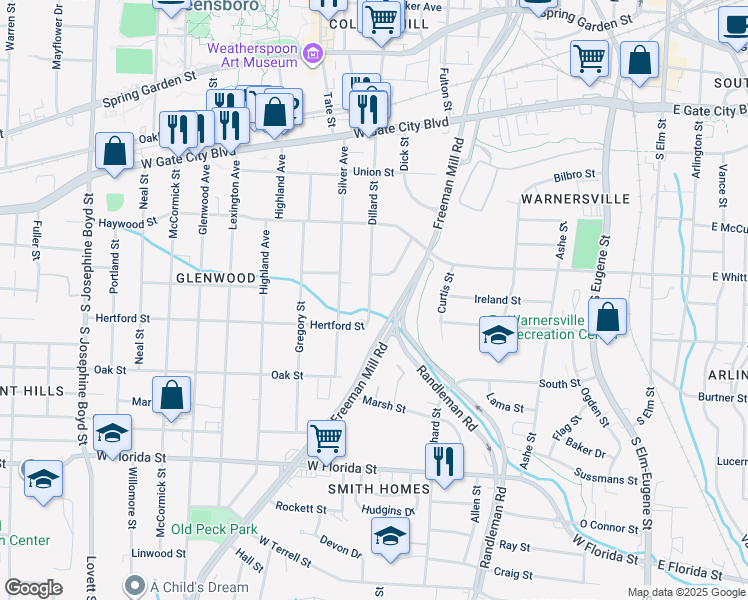 map of restaurants, bars, coffee shops, grocery stores, and more near 1009 Dillard Street in Greensboro