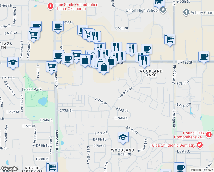 map of restaurants, bars, coffee shops, grocery stores, and more near 7218 South 89th East Avenue in Tulsa