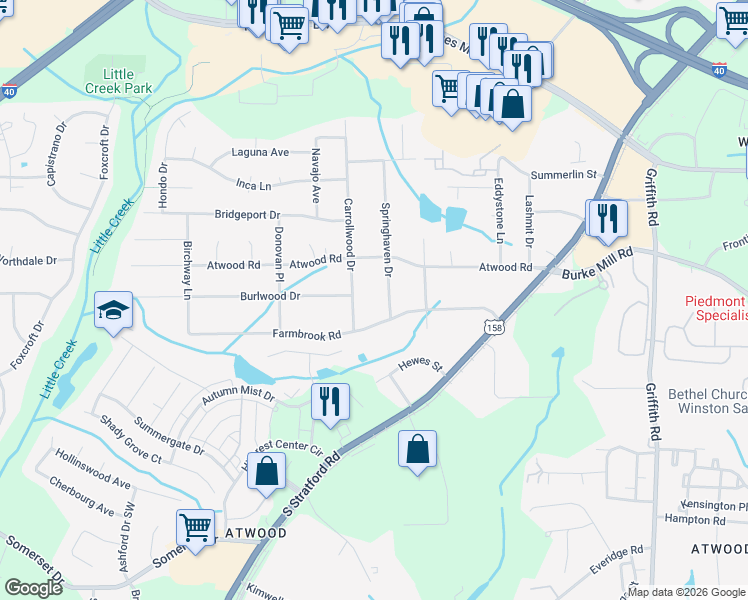 map of restaurants, bars, coffee shops, grocery stores, and more near 3021 Carrollwood Drive in Winston-Salem