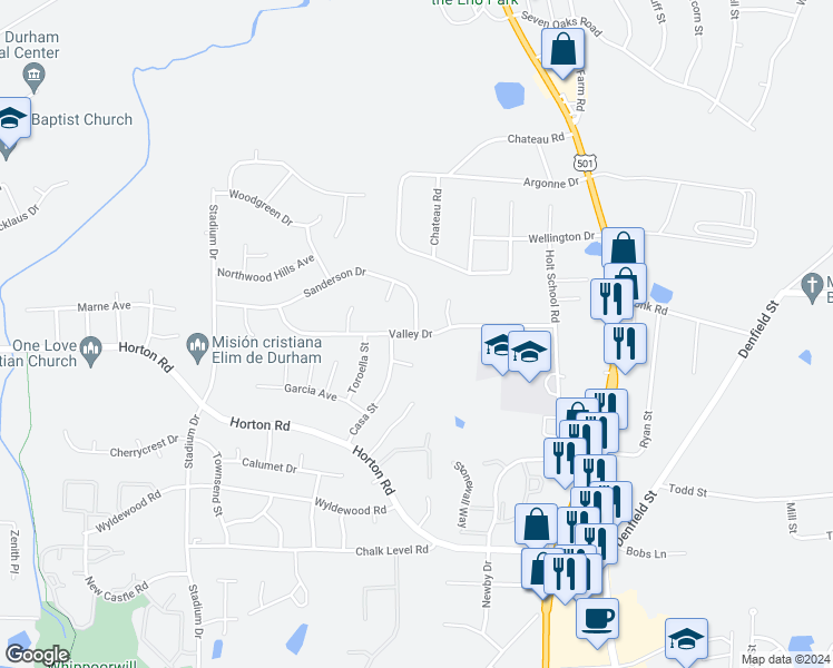map of restaurants, bars, coffee shops, grocery stores, and more near Valley Drive in Durham