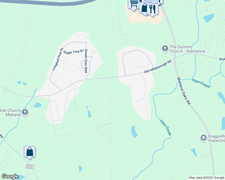 map of restaurants, bars, coffee shops, grocery stores, and more near 1540 Sykes Road in Mebane