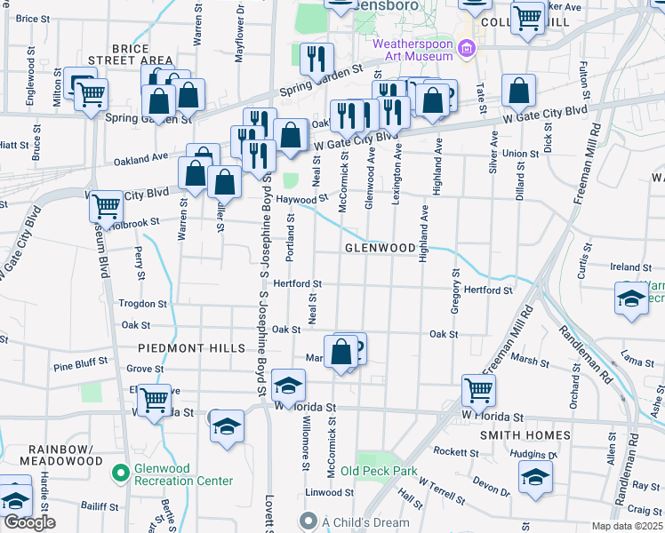 map of restaurants, bars, coffee shops, grocery stores, and more near 1000 McCormick Street in Greensboro