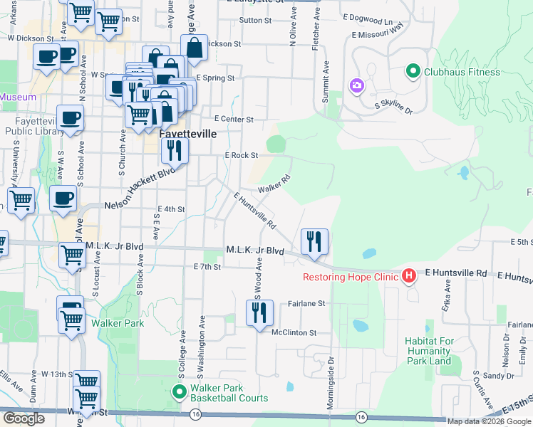 map of restaurants, bars, coffee shops, grocery stores, and more near 406 East Huntsville Road in Fayetteville