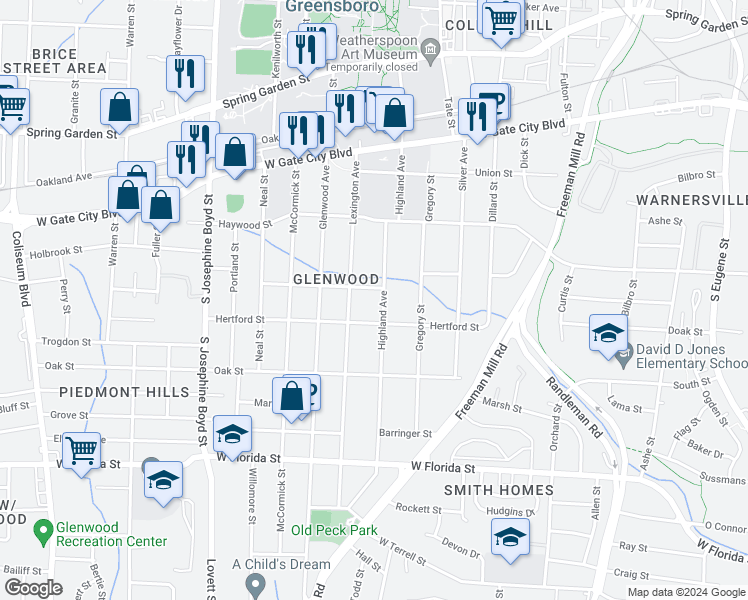 map of restaurants, bars, coffee shops, grocery stores, and more near 1004 Richardson Street in Greensboro