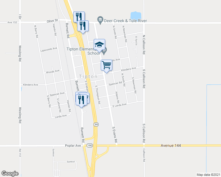 map of restaurants, bars, coffee shops, grocery stores, and more near 200 South Evans Road in Tipton
