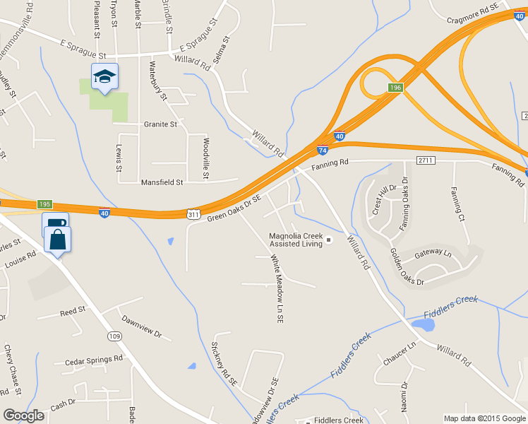 map of restaurants, bars, coffee shops, grocery stores, and more near 2501 Green Oaks Court Southeast in Winston-Salem