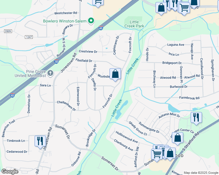 map of restaurants, bars, coffee shops, grocery stores, and more near 229 Montpelier Drive in Winston-Salem