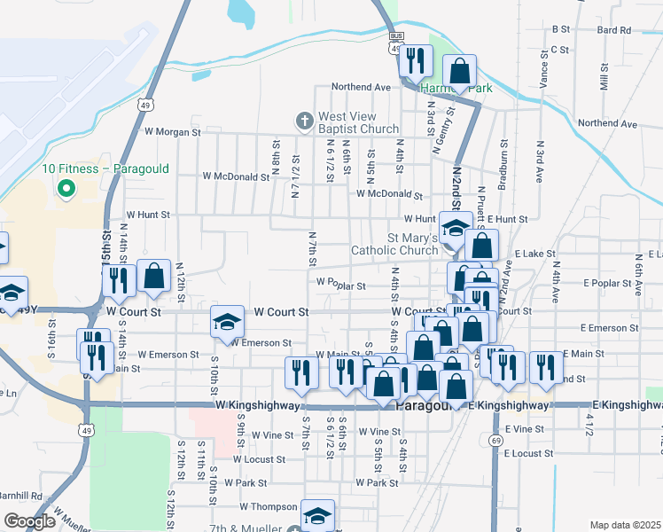 map of restaurants, bars, coffee shops, grocery stores, and more near 701 West Highland Street in Paragould