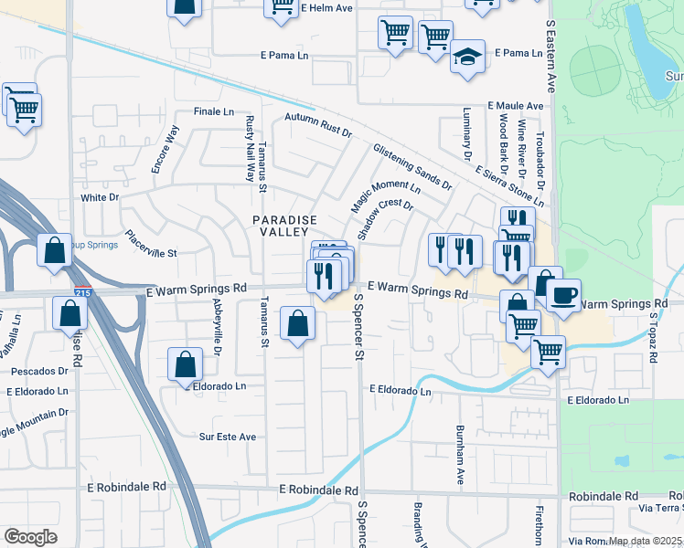 map of restaurants, bars, coffee shops, grocery stores, and more near 7237 Shadow Crest Drive in Las Vegas