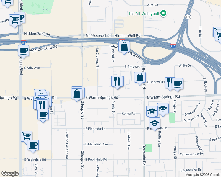 map of restaurants, bars, coffee shops, grocery stores, and more near 7225 Placid Street in Las Vegas