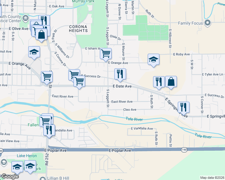 map of restaurants, bars, coffee shops, grocery stores, and more near 342-398 S Leggett St in Porterville