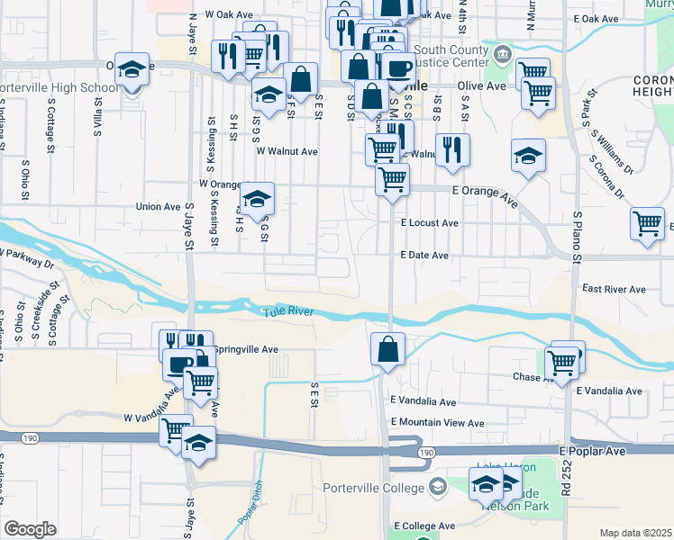 map of restaurants, bars, coffee shops, grocery stores, and more near 424 South E Street in Porterville