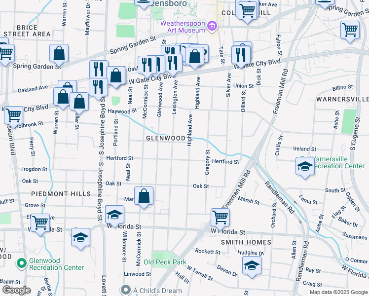 map of restaurants, bars, coffee shops, grocery stores, and more near 1004 Richardson Street in Greensboro