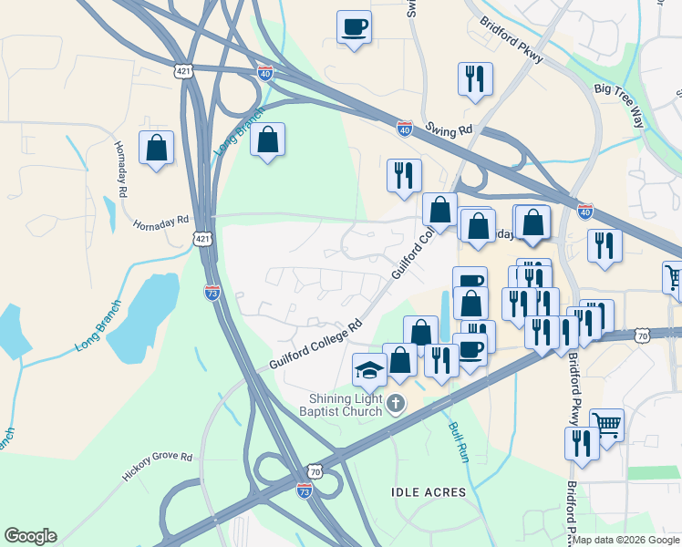map of restaurants, bars, coffee shops, grocery stores, and more near 5503 Hornaday Road in Greensboro