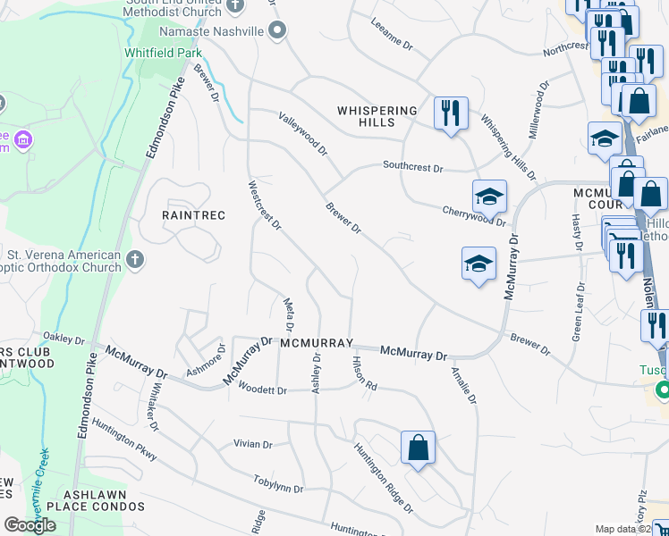 map of restaurants, bars, coffee shops, grocery stores, and more near 464 Westcrest Drive in Nashville