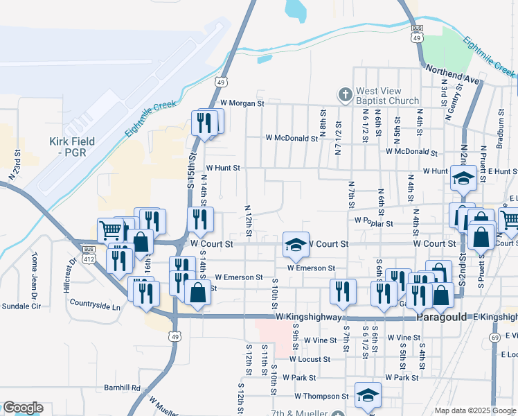 map of restaurants, bars, coffee shops, grocery stores, and more near 401 Hayes Place in Paragould