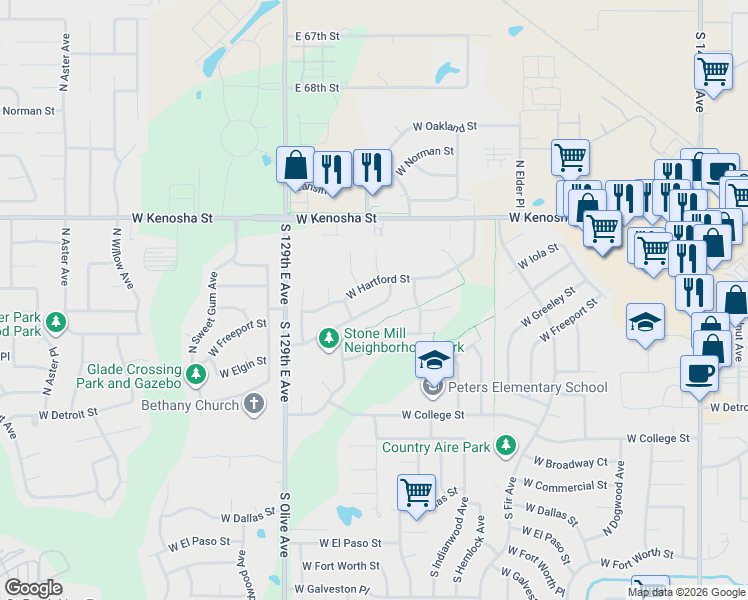 map of restaurants, bars, coffee shops, grocery stores, and more near 3201 West Hartford Street in Broken Arrow