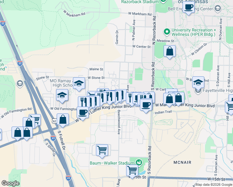 map of restaurants, bars, coffee shops, grocery stores, and more near 1620 West Mitchell Street in Fayetteville