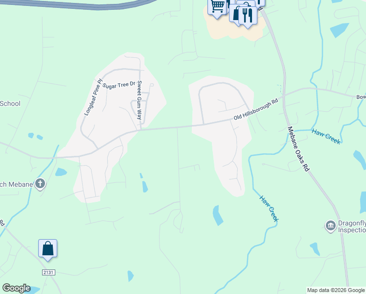 map of restaurants, bars, coffee shops, grocery stores, and more near 1540 Sykes Road in Mebane