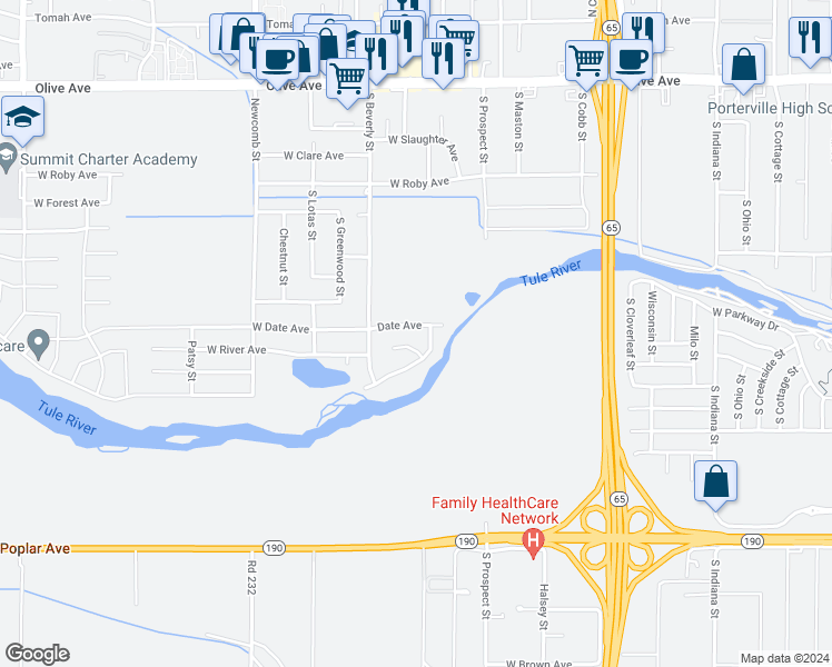 map of restaurants, bars, coffee shops, grocery stores, and more near 1275 West Date Avenue in Porterville