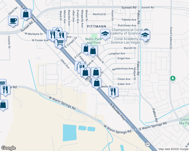map of restaurants, bars, coffee shops, grocery stores, and more near 1429 Palm Street in Henderson