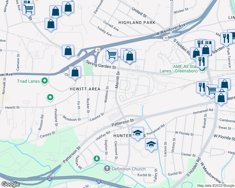 map of restaurants, bars, coffee shops, grocery stores, and more near 3645 Hewitt Street in Greensboro