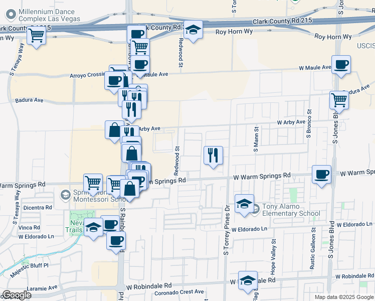 map of restaurants, bars, coffee shops, grocery stores, and more near 6650 West Warm Springs Road in Las Vegas