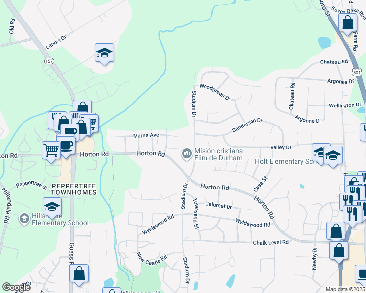 map of restaurants, bars, coffee shops, grocery stores, and more near 1202 Red Ash Circle in Durham
