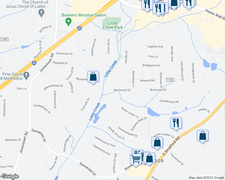 map of restaurants, bars, coffee shops, grocery stores, and more near 2998 Burlwood Drive in Winston-Salem