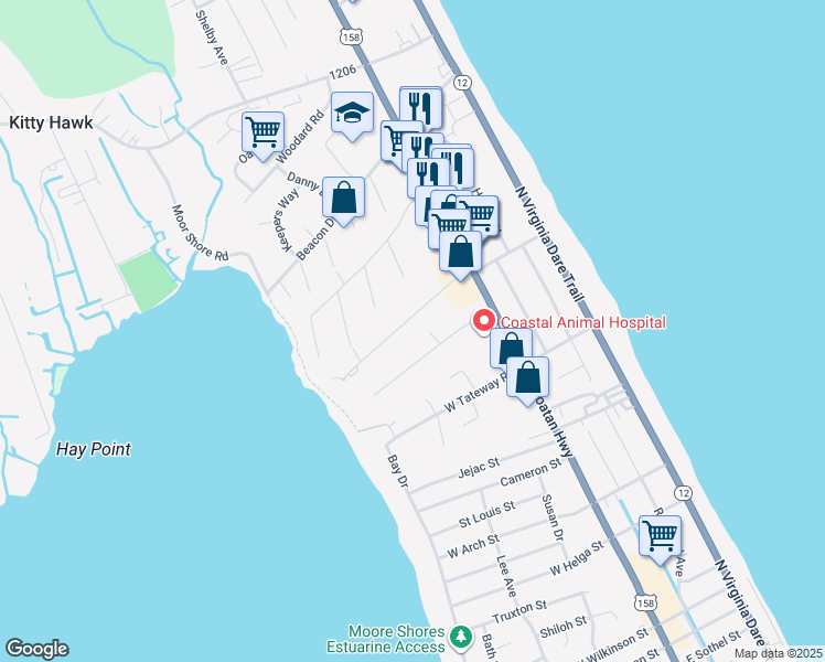 map of restaurants, bars, coffee shops, grocery stores, and more near 111 Harbour Bay Drive in Kitty Hawk