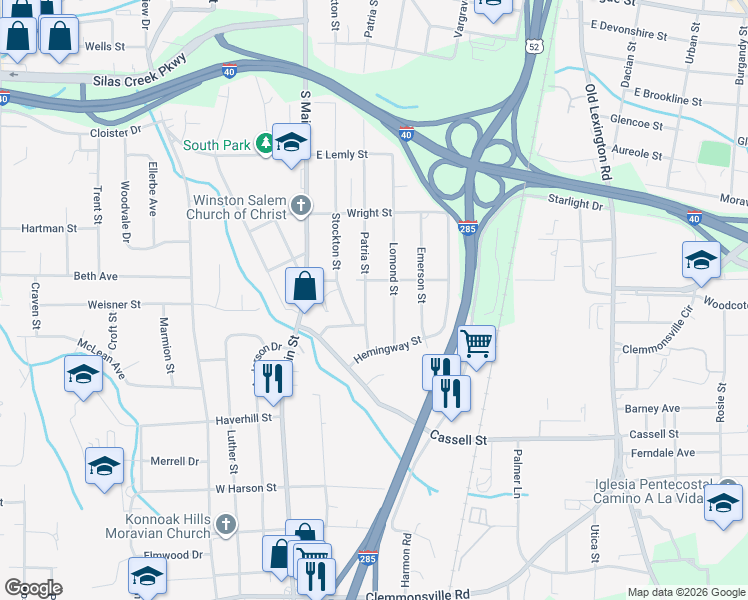 map of restaurants, bars, coffee shops, grocery stores, and more near 2910 Patria Street in Winston-Salem