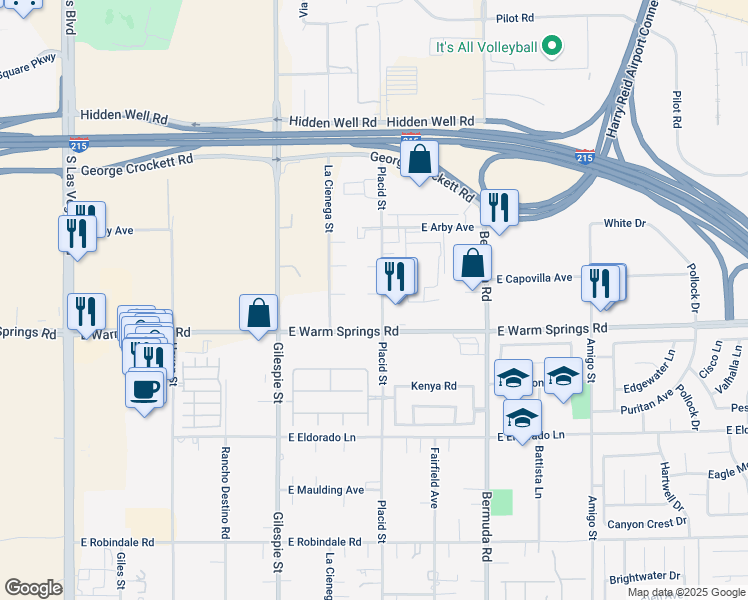 map of restaurants, bars, coffee shops, grocery stores, and more near 7225 Placid Street in Las Vegas