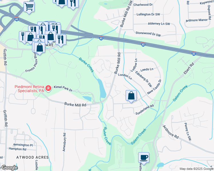 map of restaurants, bars, coffee shops, grocery stores, and more near 2914 Burke Place Court in Winston-Salem