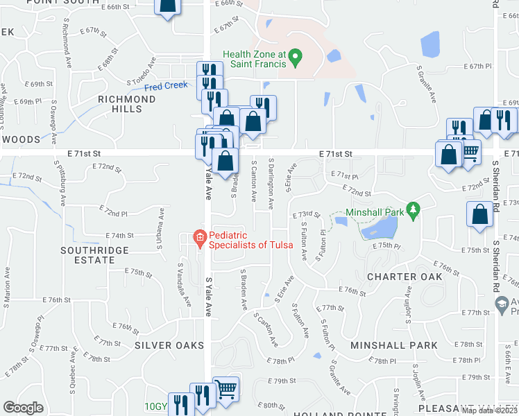 map of restaurants, bars, coffee shops, grocery stores, and more near 5207 East 73rd Street in Tulsa