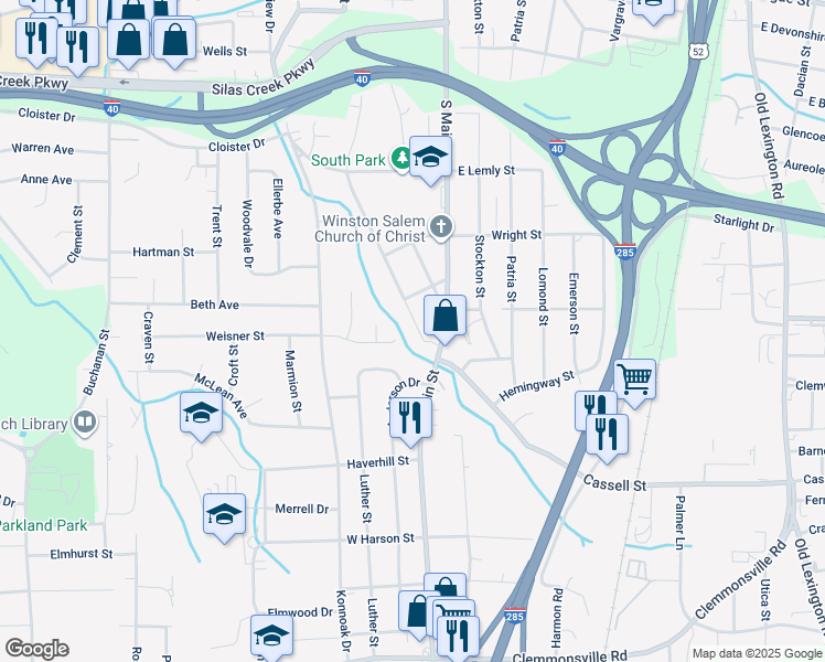 map of restaurants, bars, coffee shops, grocery stores, and more near 2930 Edwards Street in Winston-Salem
