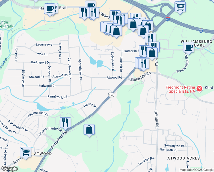map of restaurants, bars, coffee shops, grocery stores, and more near 2440 Atwood Road in Winston-Salem
