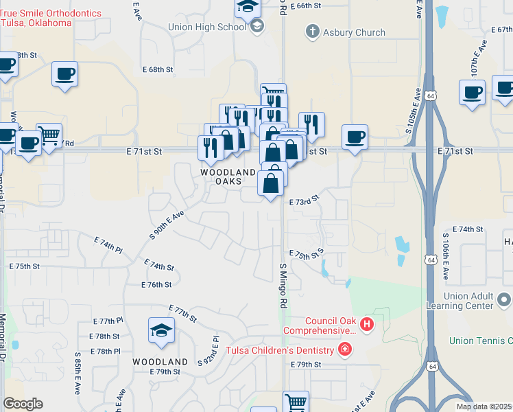 map of restaurants, bars, coffee shops, grocery stores, and more near 7116 South Mingo Road in Tulsa