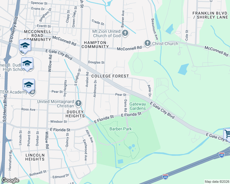 map of restaurants, bars, coffee shops, grocery stores, and more near 2709 East Lee Street in Greensboro