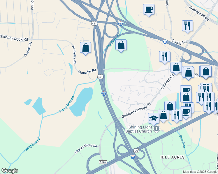 map of restaurants, bars, coffee shops, grocery stores, and more near 5649 Hornaday Road in Greensboro