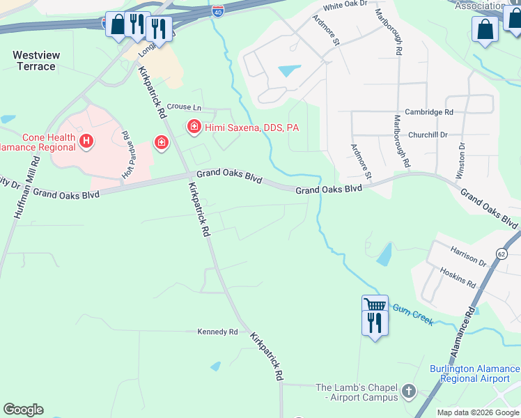 map of restaurants, bars, coffee shops, grocery stores, and more near 2766 Grand Oaks Boulevard in Burlington
