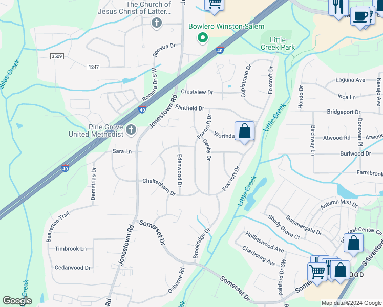 map of restaurants, bars, coffee shops, grocery stores, and more near 208 Foxcroft Drive in Winston-Salem