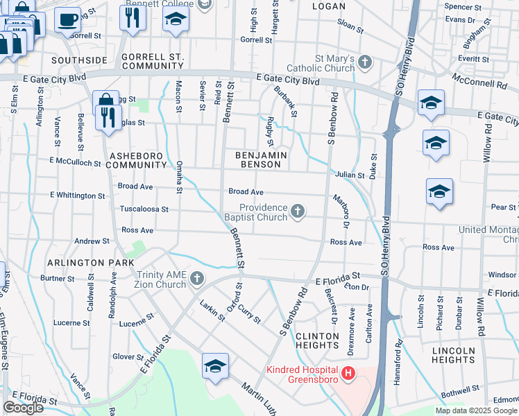 map of restaurants, bars, coffee shops, grocery stores, and more near 900 Broad Avenue in Greensboro