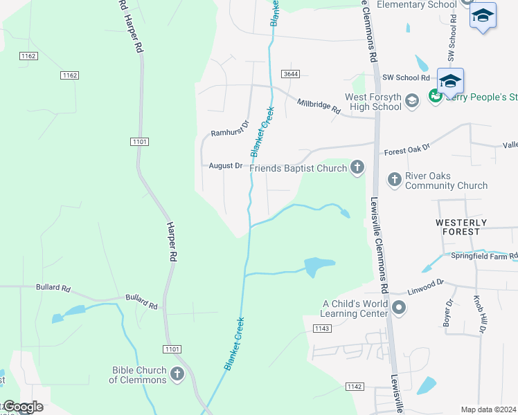 map of restaurants, bars, coffee shops, grocery stores, and more near 2020 Ashburn Lane in Clemmons