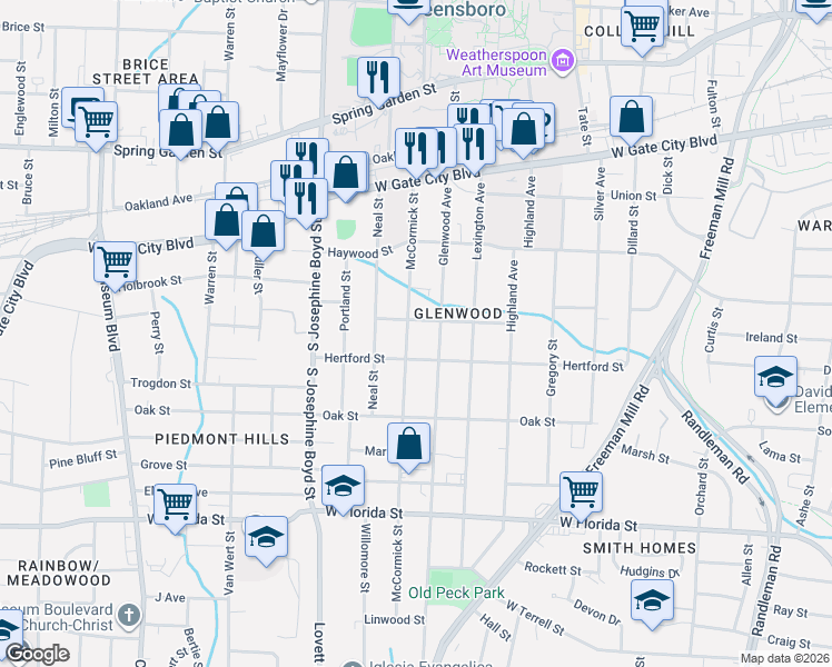 map of restaurants, bars, coffee shops, grocery stores, and more near 1000 McCormick Street in Greensboro
