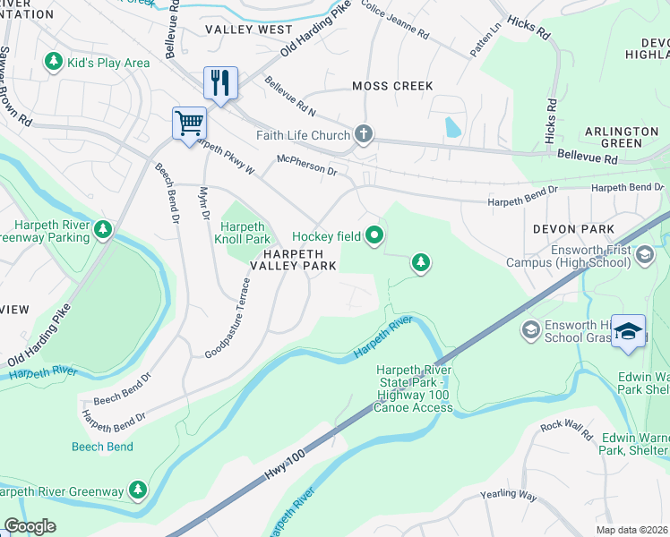 map of restaurants, bars, coffee shops, grocery stores, and more near 700 Harpeth Knoll Court in Nashville