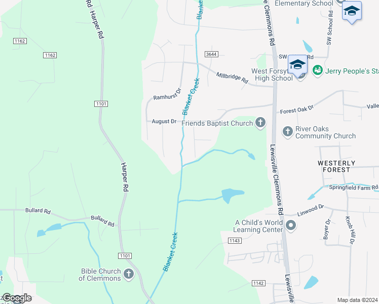 map of restaurants, bars, coffee shops, grocery stores, and more near 2020 Ashburn Lane in Clemmons