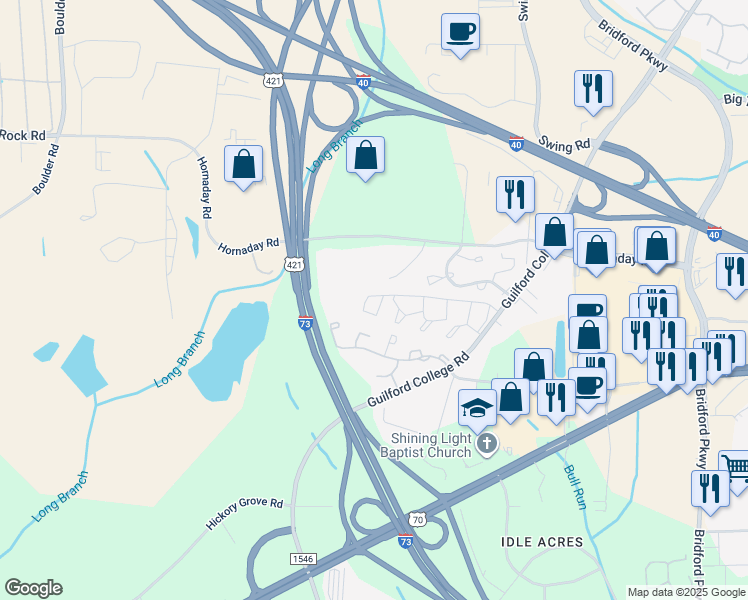 map of restaurants, bars, coffee shops, grocery stores, and more near 5665 Hornaday Road in Greensboro