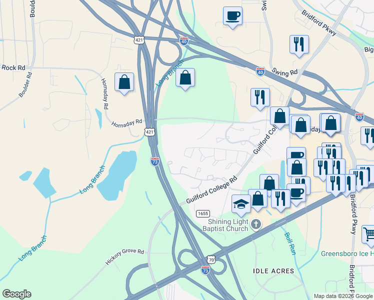 map of restaurants, bars, coffee shops, grocery stores, and more near 5665 Hornaday Road in Greensboro