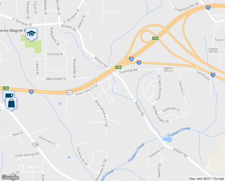 map of restaurants, bars, coffee shops, grocery stores, and more near 2405 Markwood Lane Southeast in Winston-Salem